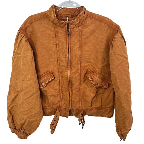 Free People Poet Puff Sleeve Bomber Jacket Orange Oversized Linen Blend Size M - Picture 2 of 7